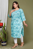 Light Blue Swasti Women Plus Size Printed Cotton Straight Kurta, three-quarter sleeves, Indian fashion for extended sizes XXL to 8XL