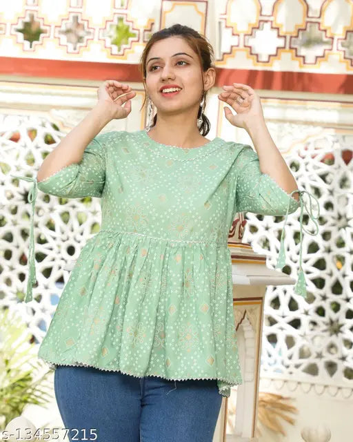 Rayon three-quarter sleeve printed tunic, fancy glamorous partywear for women, Bhairav Fashion India