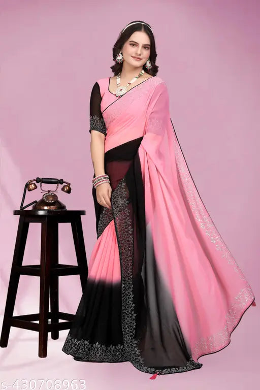 Black premium Georgette saree with diamond work, featuring a separate blouse piece and zari woven pattern, perfect for parties