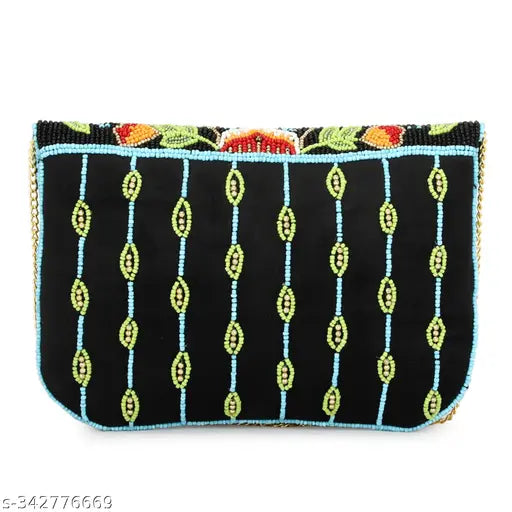 Designer velvet embellished beaded free-size clutch, 2 compartments, India origin