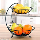 Stainless steel 2-tier black fruit basket, durable & elegant, 9L capacity for dining/kitchen countertop