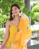 Indian Georgette Mastard Flower printed dress in various sizes: XS-6XL