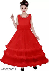 Embellished net high low gown for kids party wear, silver or light green, inspired by celebrity looks, satin fabric, available in various sizes from 6-12 years old