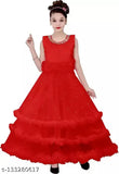 Embellished net high low gown for kids party wear, silver or light green, inspired by celebrity looks, satin fabric, available in various sizes from 6-12 years old
