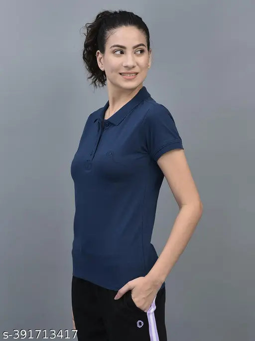 Blue cotton blend polo neck t-shirts pack of 3 - Dollar Women's Solid Athletic T-shirts, featuring short sleeves & embroidered logo, in sizes S-XXL