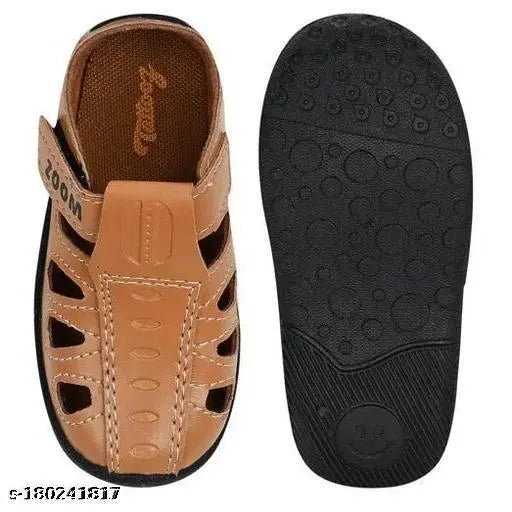 Stylish tan leather sandals for kids, solid net design, suitable for 9-12 months and 12-18 months