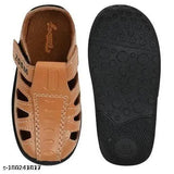 Stylish tan leather sandals for kids, solid net design, suitable for 9-12 months and 12-18 months