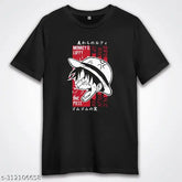 Angry Luffy One Piece printed black cotton blend round neck tee, casual wear for anime & manga fans, Japan-inspired design