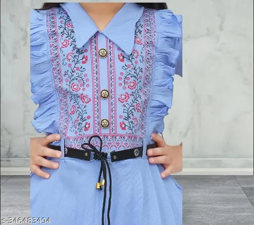Modern partyware baby girls anarkali frock cum kurta with leggings set, printed crepe top and trousers bottom, 3/4 sleeves, various sizes available from 1-2 years to 10-11 years