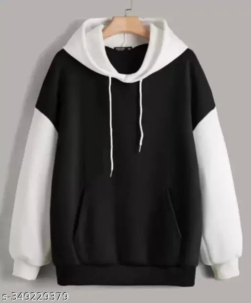 Stylish black and white wool hoodie for boys (10-16 years), solid pattern on display