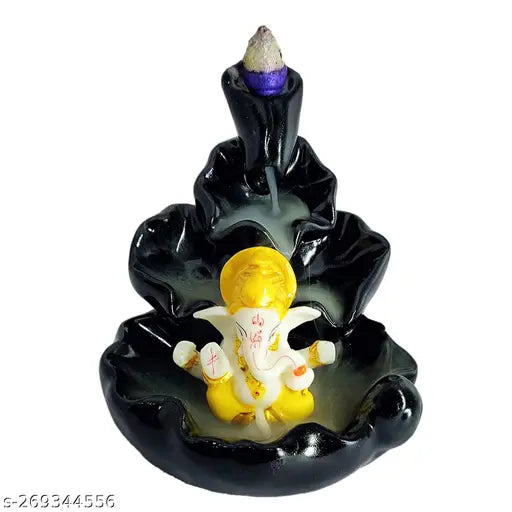 Handcrafted resin Ganesha water fountain with smoke incense cone, Indian religious idol for home decor (12cm L x 13cm H x 10cm B)