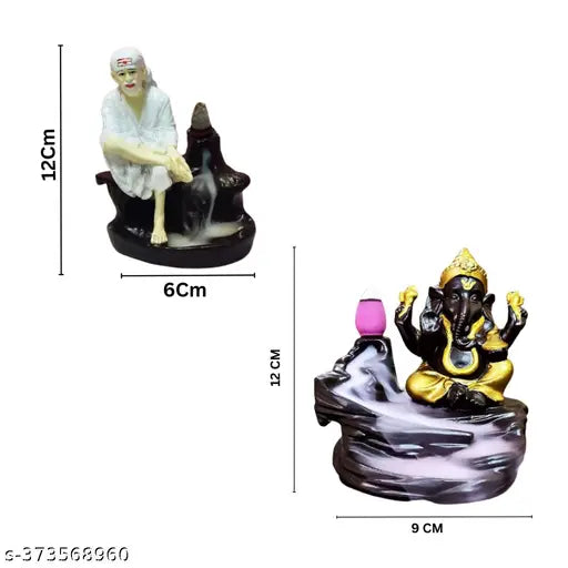 Handcrafted combo of polyresin-marble dust Lord Ganesh & Sai Baba idols, black & white, featuring 51 free incense cones for backflow burners, originating from India
