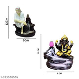 Handcrafted combo of polyresin-marble dust Lord Ganesh & Sai Baba idols, black & white, featuring 51 free incense cones for backflow burners, originating from India