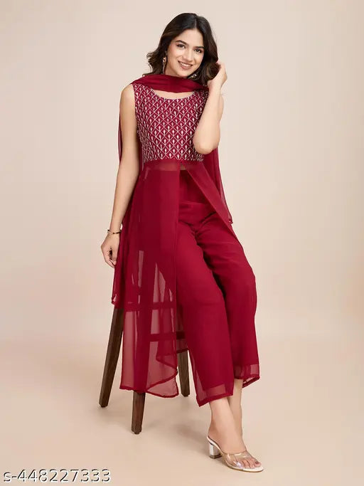 Georgette off-shoulder floral embroidered Kurta set with dupatta and bottomwear. Traditional Indian party wear for summer weddings" (119 characters)