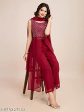 Georgette off-shoulder floral embroidered Kurta set with dupatta and bottomwear. Traditional Indian party wear for summer weddings" (119 characters)