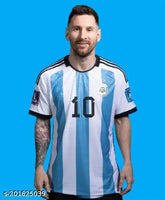 Argentina World Cup 2022 Messi Home Jersey, white with Dri-FIT technology. Replica design, ventilated mesh panels, and embroidered team crest. Fitted through bust and waist, machine washable. Sizes: S (36in/26in), M (38in/27in), L (40in/28in), XL (42in/29in), XXL (44in/30in). Made in India