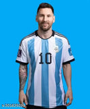 Argentina World Cup 2022 Messi Home Jersey, white with Dri-FIT technology. Replica design, ventilated mesh panels, and embroidered team crest. Fitted through bust and waist, machine washable. Sizes: S (36in/26in), M (38in/27in), L (40in/28in), XL (42in/29in), XXL (44in/30in). Made in India