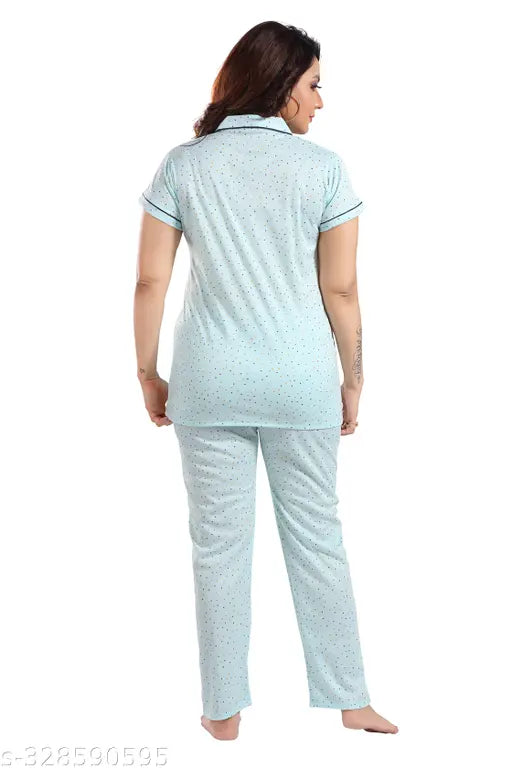 Cotton nightsuit with printed pattern, hosiery fabric, short sleeves - comfortable women's nightwear for summer, India origin