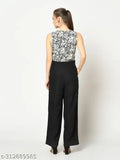 Black & white printed polyester basic jumpsuit with sleeveless design, round neck, and pocket details - women's fashion from India