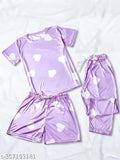 Heart print ladies lavender silk blend night suit, luxurious sleepwear set with t-shirt, pajama, and shorts featuring drawstring elastic waistband and printed net design. Made in India