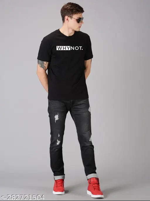 Black printed cotton round-sleeve men's t-shirt by UrGear. Soft, breathable fabric for comfort. Available in S, M, L, XL