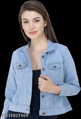 Blue denim jacket, women's & girls solid full sleeves, casual wear in India