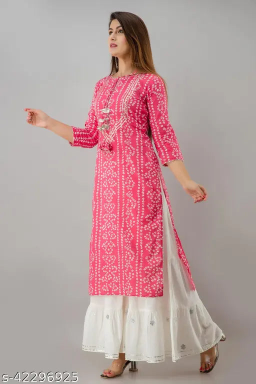 Pink Cotton Rayon Blend Bandhej Print Straight Kurta Sharara with Three-Quarter Sleeves, Indian traditional women's clothing in single size available