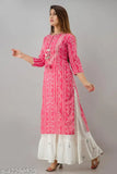 Pink Cotton Rayon Blend Bandhej Print Straight Kurta Sharara with Three-Quarter Sleeves, Indian traditional women's clothing in single size available