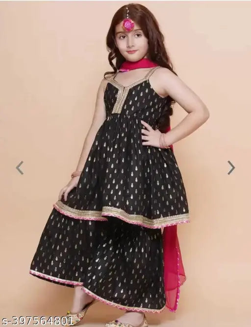Black rayon anarkali sharara for kids party wear, woven design with dupatta in above knee length, suitable for 5-12 years old