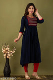 Rayon retro embroidered kurta, three-quarter sleeves, S (36in x 46in), India-made women's fashion