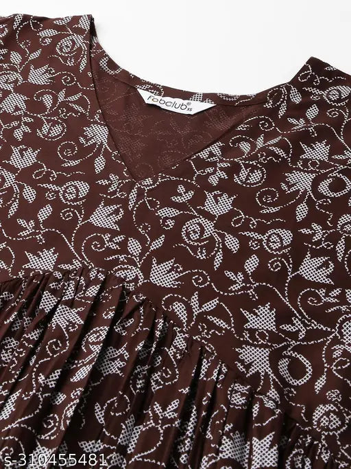Wine rayon Anarkali printed women's kurti with three-quarter sleeves, v-neck, and flared hem - Indian party wear fashion