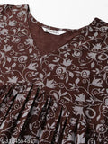 Wine rayon Anarkali printed women's kurti with three-quarter sleeves, v-neck, and flared hem - Indian party wear fashion