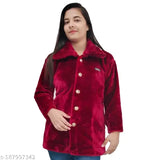 Luxury wool thick fur coat for women, solid pattern, long sleeves, M size (bust 36in, length 30in), Indian origin