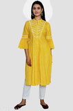 Yellow Rayon A-Line Kurta with Ethnic Motif Print, three-quarter sleeves, calf length, Mandarin collar, and side slits - Kannahi women's traditional Indian wear
