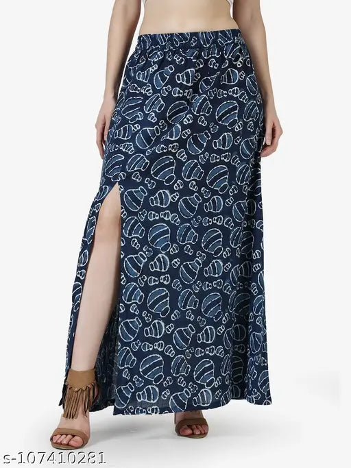 Blue cotton printed net flared skirt, POPWINGS women's quirky ethnic bagru design for parties and events