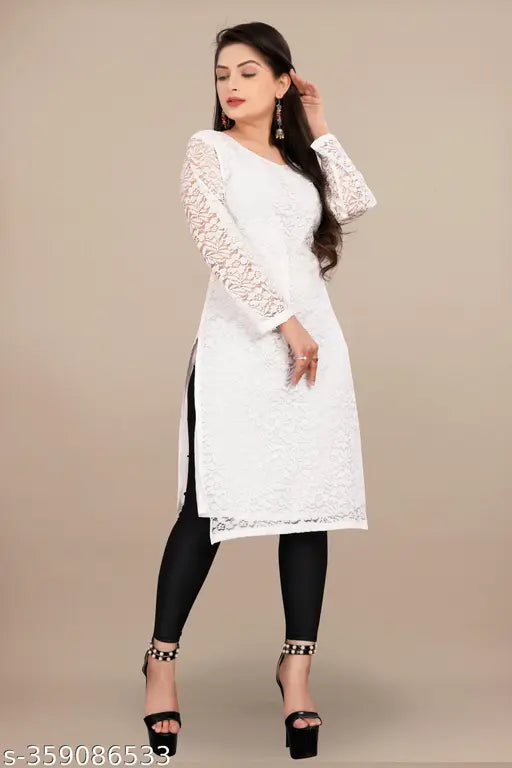 Net embroidered kurta, three-quarter sleeves, intricate floral design. Indian traditional ethnic wear for women. Available in S, M, L, XL, XXL sizes. Stylish and trendy summer fashion