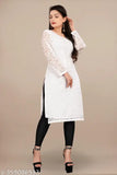 Net embroidered kurta, three-quarter sleeves, intricate floral design. Indian traditional ethnic wear for women. Available in S, M, L, XL, XXL sizes. Stylish and trendy summer fashion