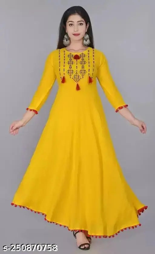 Yellow Embroidered Viscose Rayon Anarkali Kurta: Breathable, elegant, and perfect for festive occasions