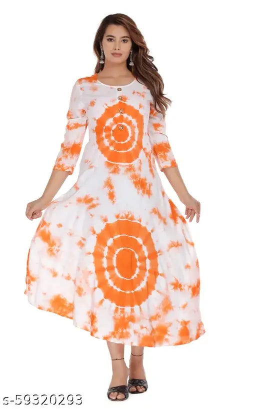 Attractive orange rayon Anarkali kurti, three-quarter sleeve daily wear for women, Solid design, M (38in bust), L (40in bust)