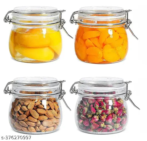 Airtight glass canister set of 4 with lids (500ml), clear preserving seal for kitchen canning & dry food storage (cereal, pasta, sugar, beans, spice)