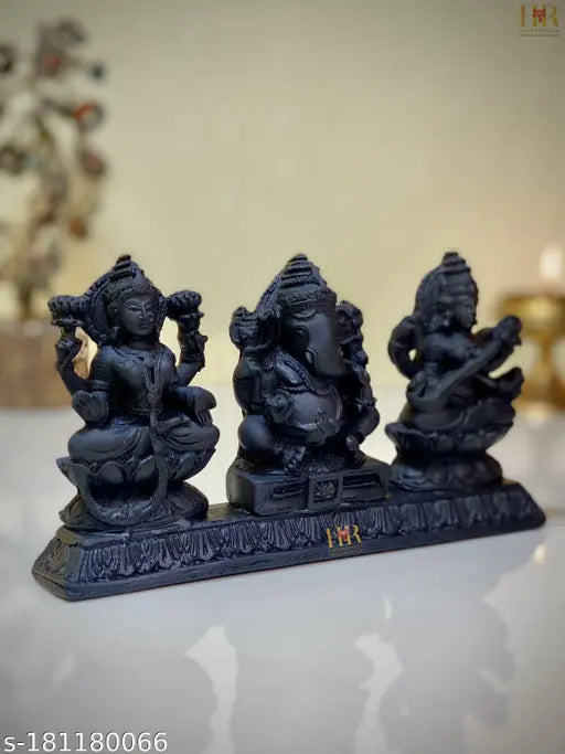 Black poly resin Lakshmi Ganesh Saraswati idol - Indian home decor and gifting item