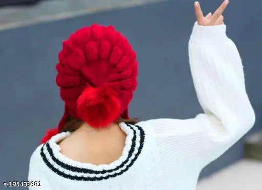 White winter combo: Arcylic beanie cap & gloves set, snow-proof, fur-lined for women & girls