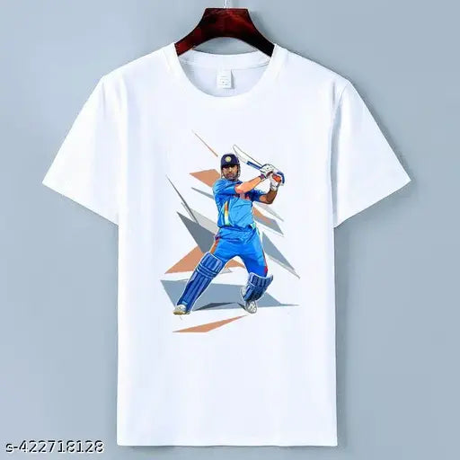 White MS Dhoni printed t-shirt for adults, featuring short sleeves and polyester fabric
