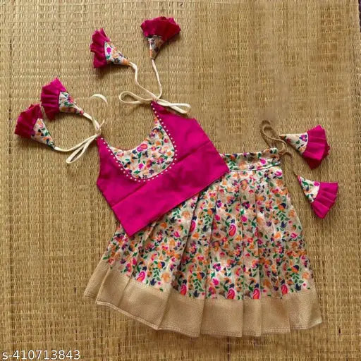 Pink Art Silk Kids Girls Rani lehenga choli with sleeveless self-design top and floral stitch lehenga, ready-made for 2-3 years old Indian clothing