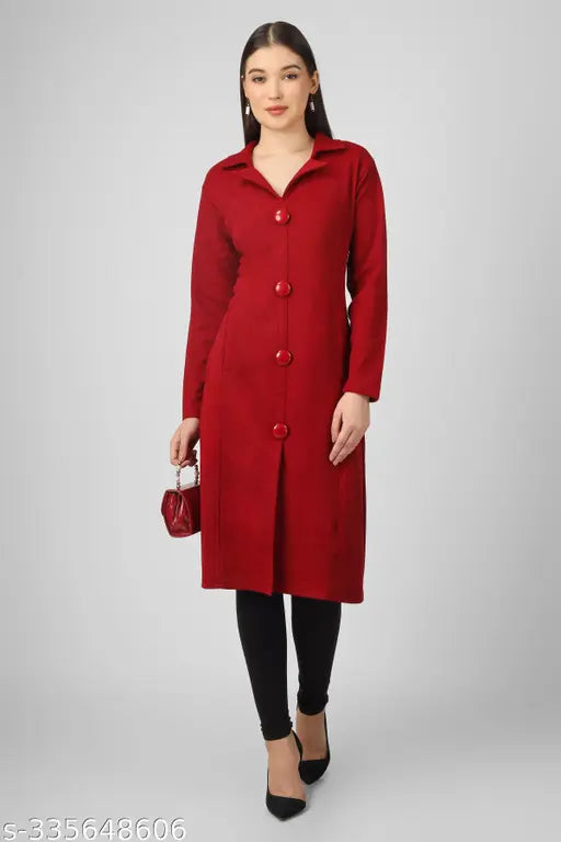 Wool Women's Long Super Soft Collar Neck Kurta, single solid color, XL size (bust 40in, length 43in), Indian handloom