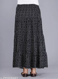 Black printed rayon long skirt for women, featuring a printed net pattern and available in multiple sizes from 34 to free size