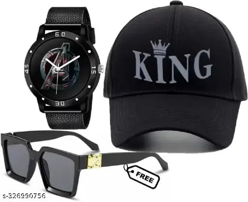 King cap Avenger sunglasses, cotton baseball cap with printed design, on display stand