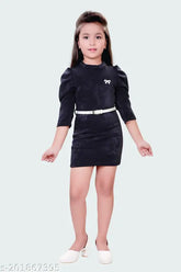Navy Blue A-line dress for girls (4-5 yrs - 13-14 yrs), solid polyester, three-quarter sleeves, midi length with suede texture and zipper back detail, includes fashionable belt and bow accent. Indian-made party wear/casual wear/daily wear for various occasions