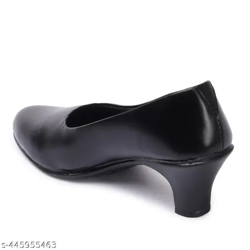 Synthetic leather black low heel belly shoes for office work and everyday wear - stylish slip-on design with soft cushioned insole and sturdy block heel
