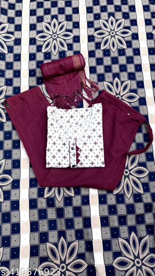 Mehroon print cotton kurta with duppata and bottomwear, traditional Indian ethnic wear for women